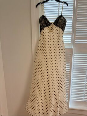 Polka Dot Satin Slip Dress with Lace Trim - Black & Cream